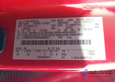 2022 Ford F-150 Xl z USA, uszkodzony, nr VIN 1FTEW1CP2NKE46021